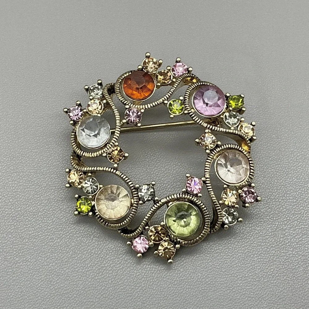 Vintage Monet Brooch Round Wreath Multicolor Rhinestone Gold Tone Pin Costume